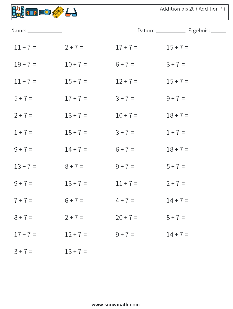 (50) Addition bis 20 ( Addition 7 ) Mathe-Arbeitsblätter 8