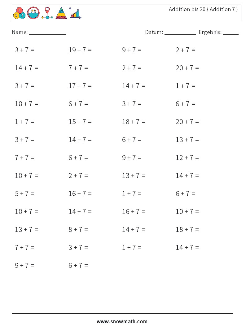 (50) Addition bis 20 ( Addition 7 ) Mathe-Arbeitsblätter 9