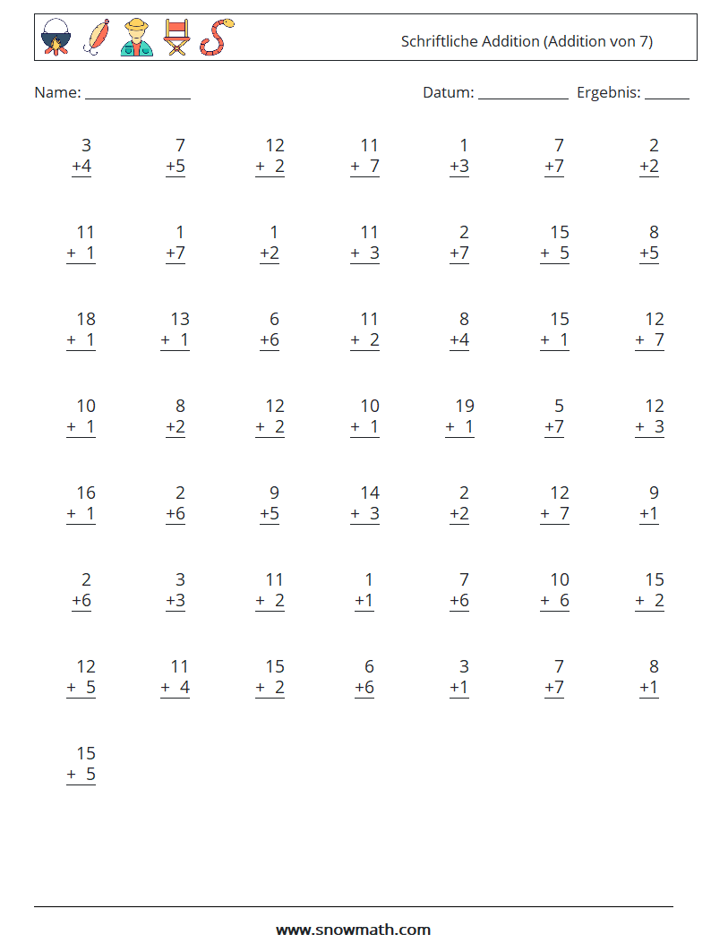 (50) Schriftliche Addition (Addition von 7) Mathe-Arbeitsblätter 1