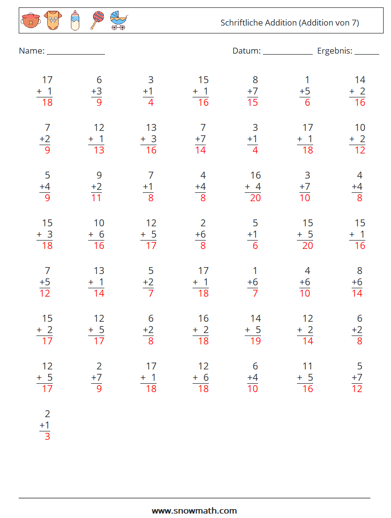 (50) Schriftliche Addition (Addition von 7) Mathe-Arbeitsblätter 10 Frage, Antwort