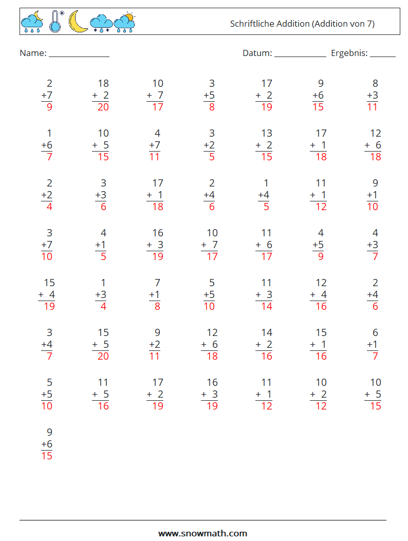 (50) Schriftliche Addition (Addition von 7) Mathe-Arbeitsblätter 11 Frage, Antwort