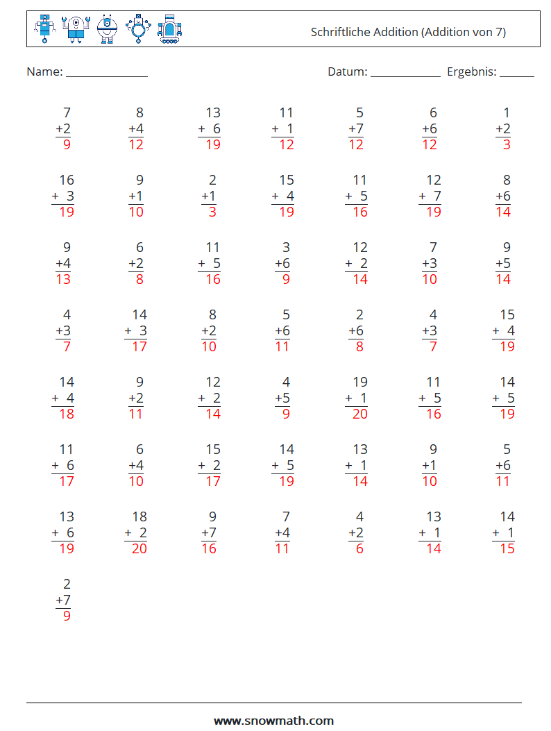 (50) Schriftliche Addition (Addition von 7) Mathe-Arbeitsblätter 12 Frage, Antwort