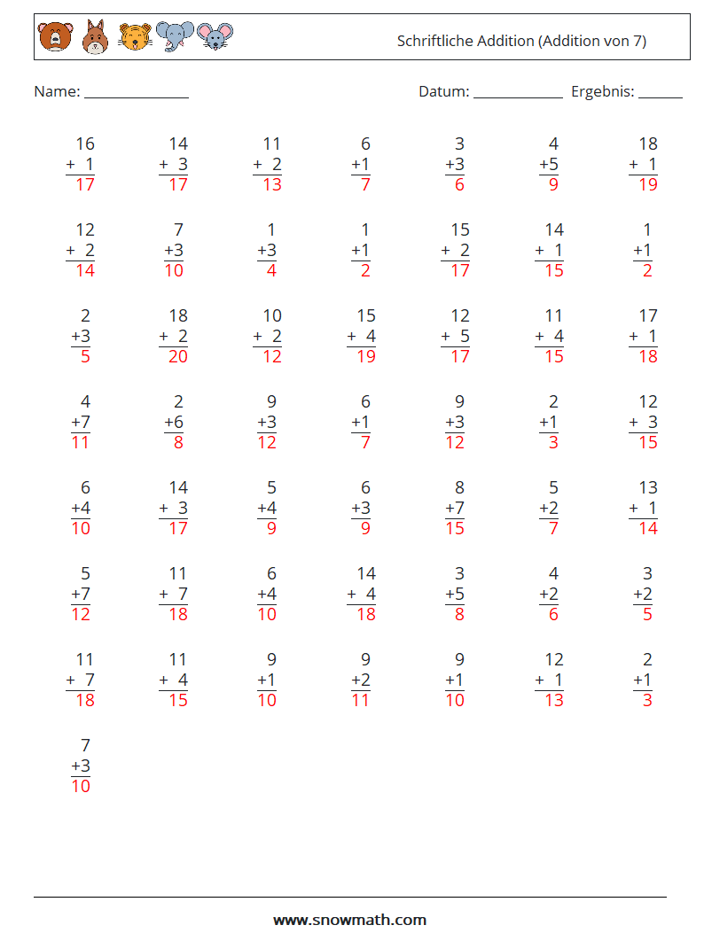 (50) Schriftliche Addition (Addition von 7) Mathe-Arbeitsblätter 14 Frage, Antwort
