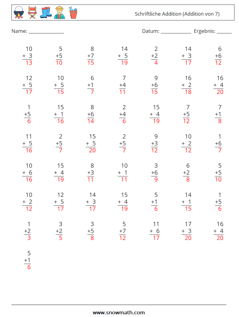 (50) Schriftliche Addition (Addition von 7) Mathe-Arbeitsblätter 15 Frage, Antwort