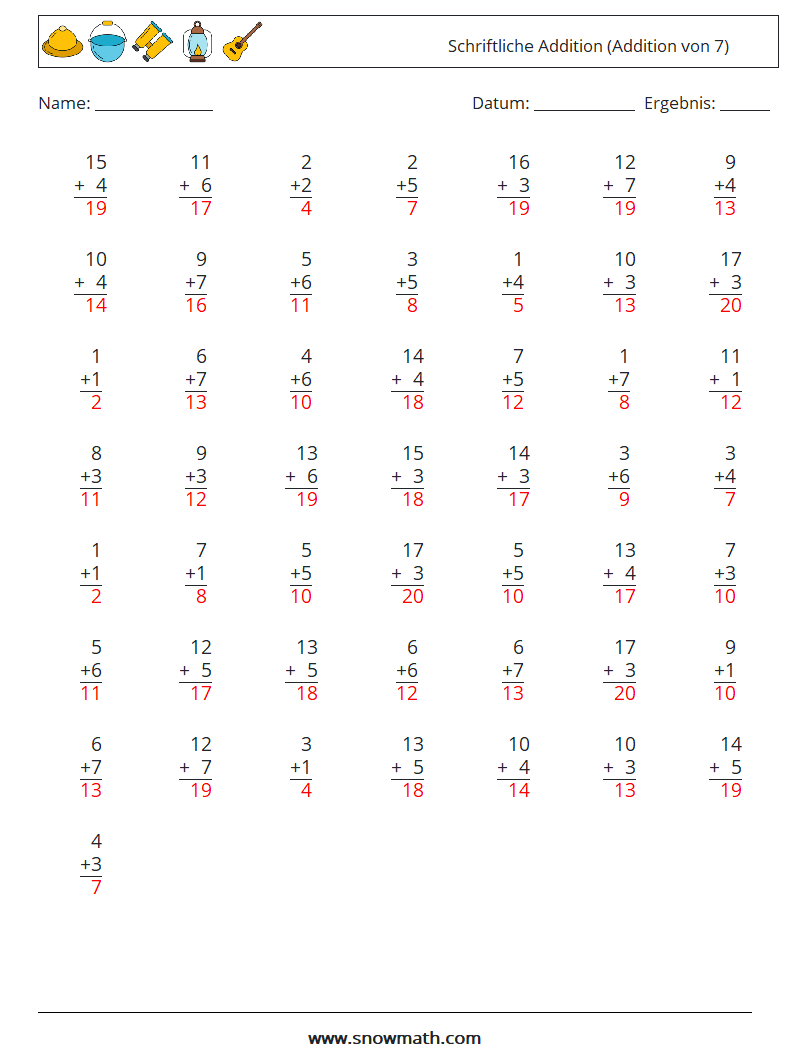 (50) Schriftliche Addition (Addition von 7) Mathe-Arbeitsblätter 16 Frage, Antwort