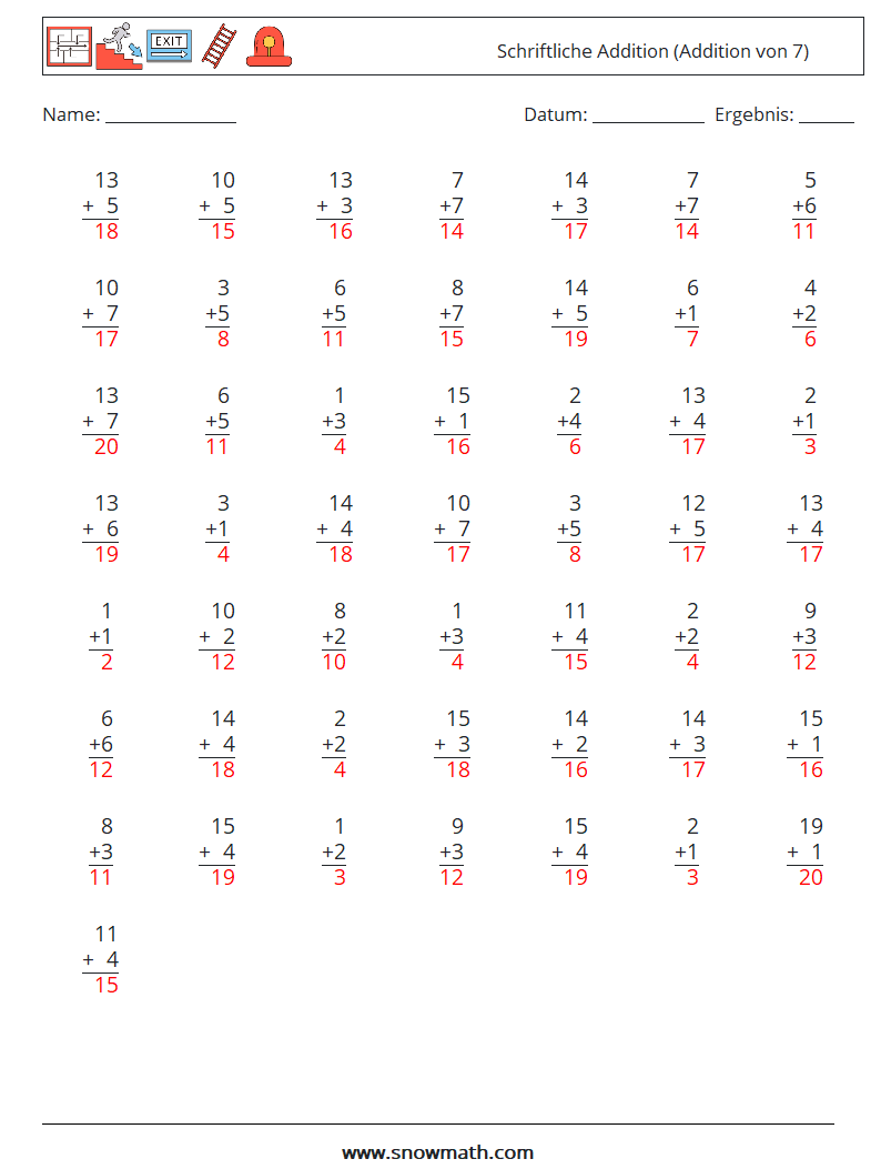 (50) Schriftliche Addition (Addition von 7) Mathe-Arbeitsblätter 17 Frage, Antwort