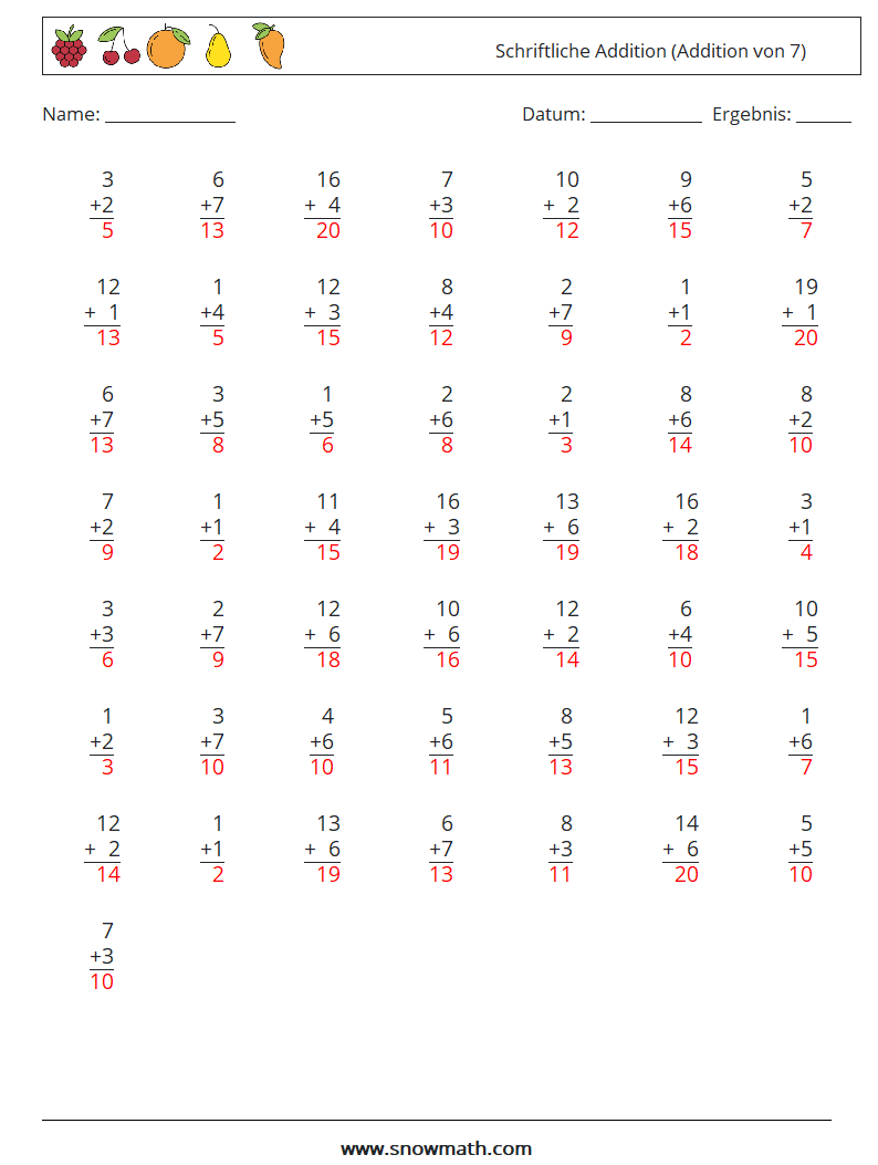 (50) Schriftliche Addition (Addition von 7) Mathe-Arbeitsblätter 18 Frage, Antwort