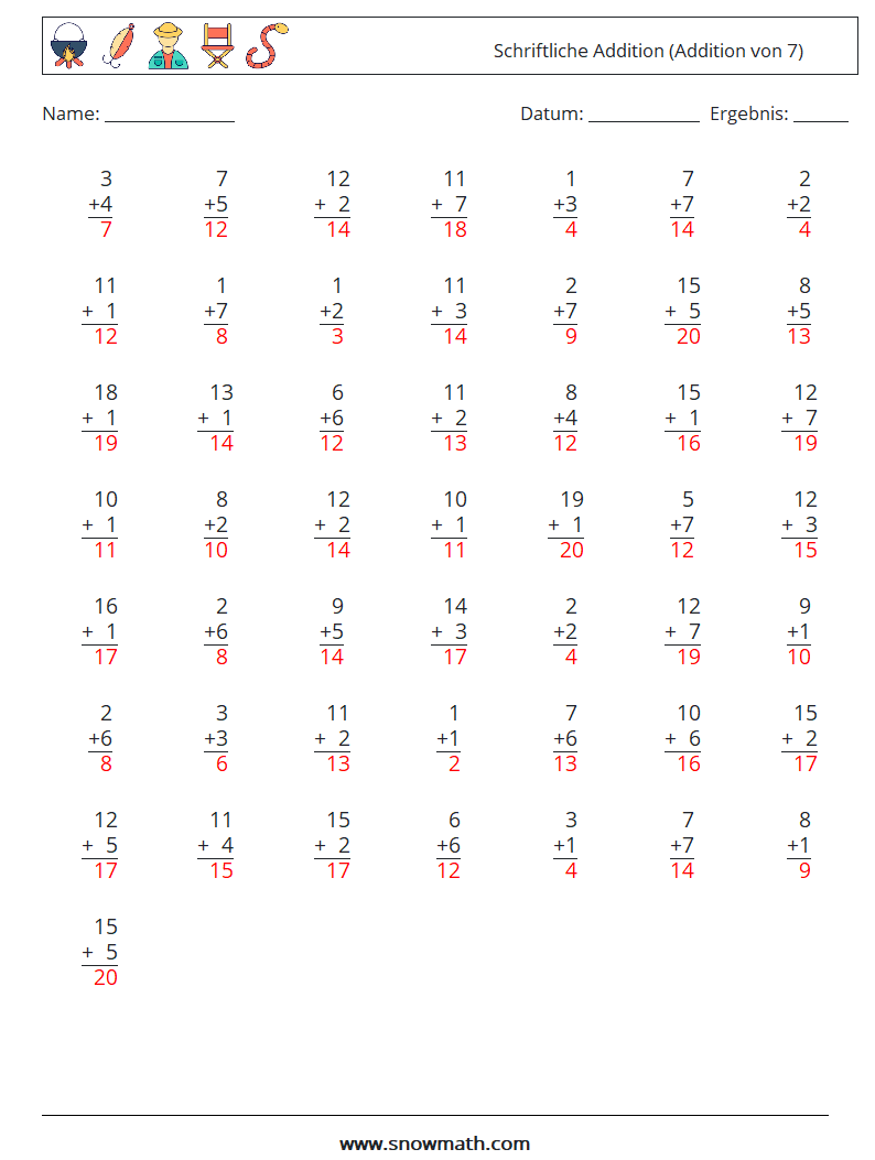 (50) Schriftliche Addition (Addition von 7) Mathe-Arbeitsblätter 1 Frage, Antwort