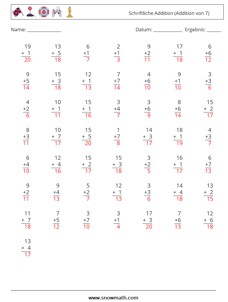 (50) Schriftliche Addition (Addition von 7) Mathe-Arbeitsblätter 2 Frage, Antwort