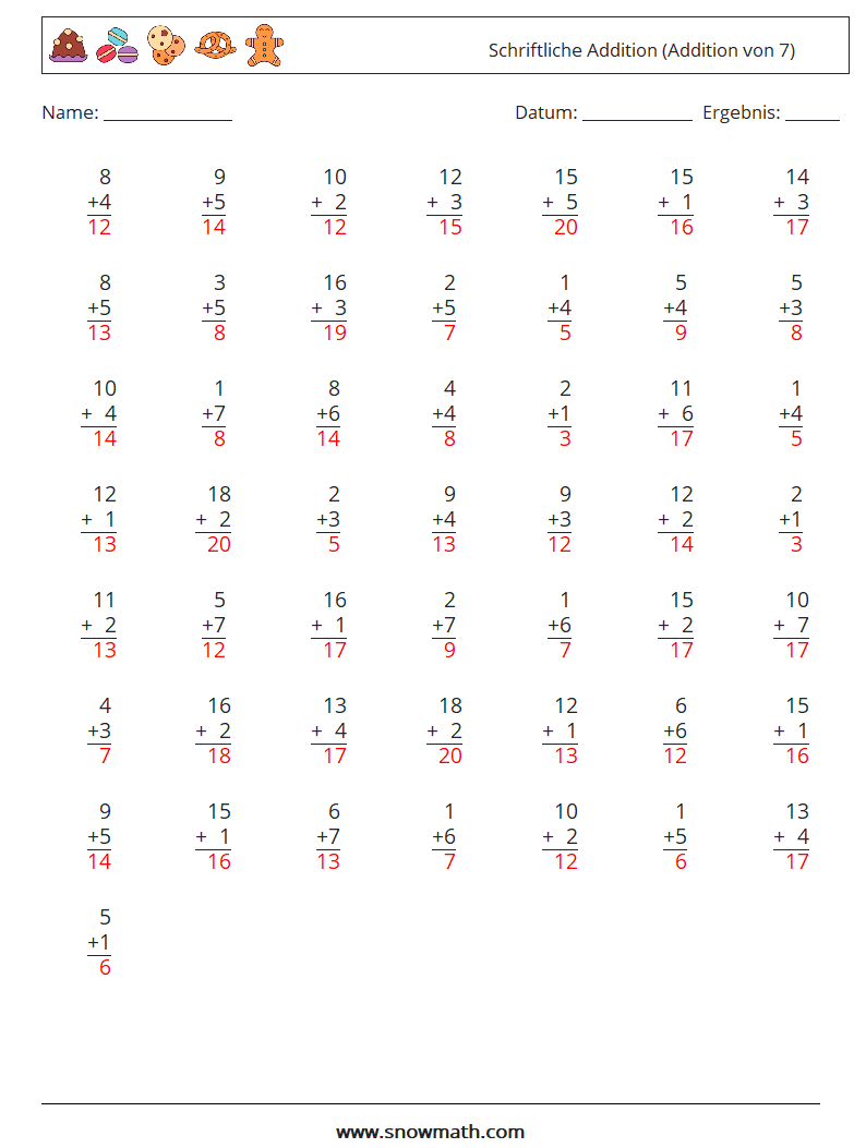 (50) Schriftliche Addition (Addition von 7) Mathe-Arbeitsblätter 3 Frage, Antwort