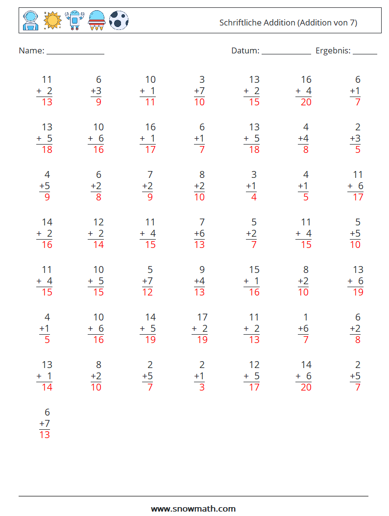 (50) Schriftliche Addition (Addition von 7) Mathe-Arbeitsblätter 5 Frage, Antwort