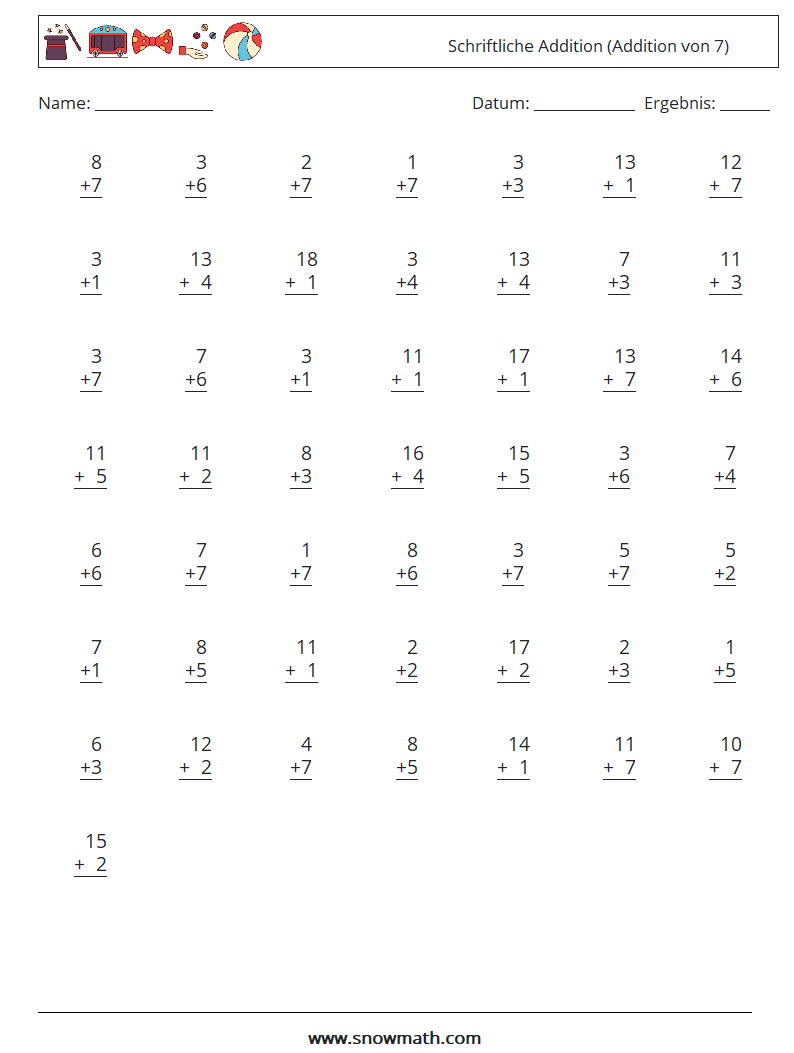 (50) Schriftliche Addition (Addition von 7) Mathe-Arbeitsblätter 6