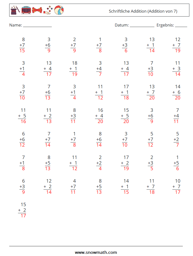 (50) Schriftliche Addition (Addition von 7) Mathe-Arbeitsblätter 6 Frage, Antwort