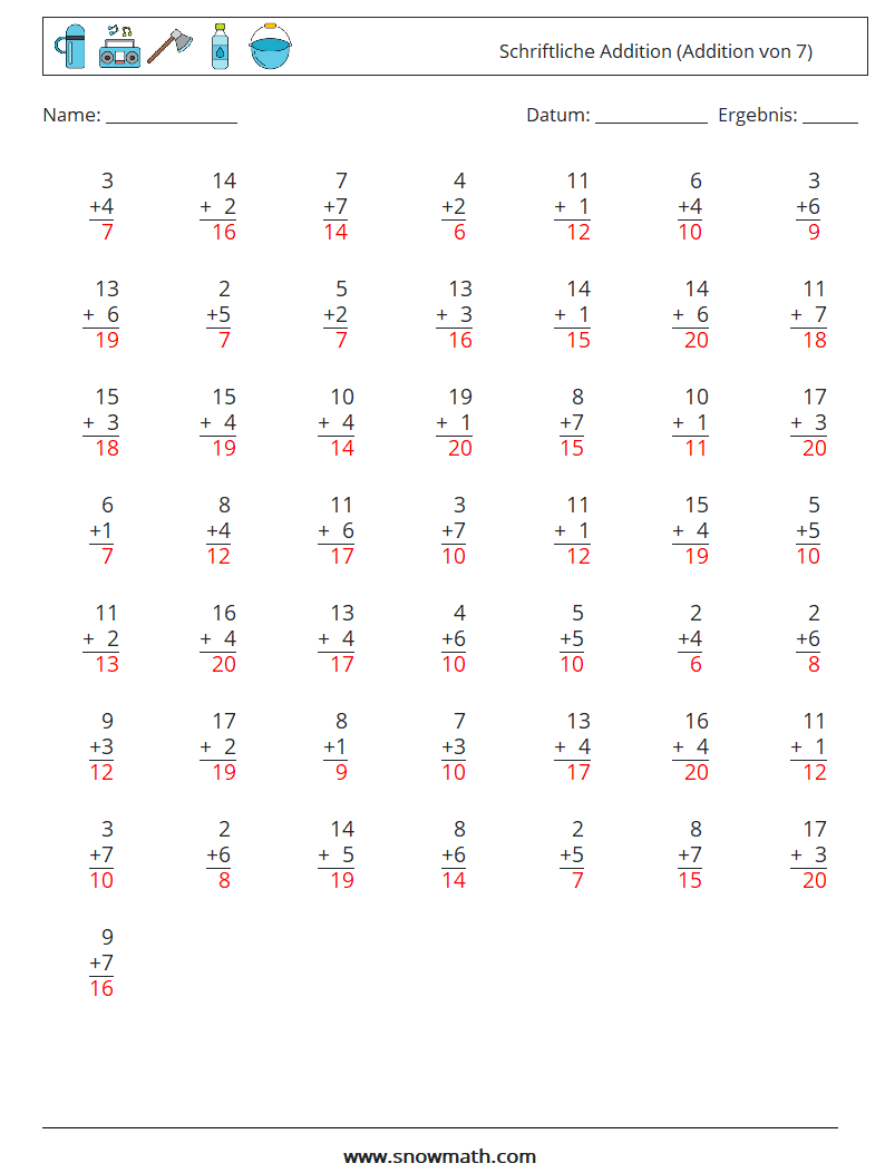 (50) Schriftliche Addition (Addition von 7) Mathe-Arbeitsblätter 7 Frage, Antwort