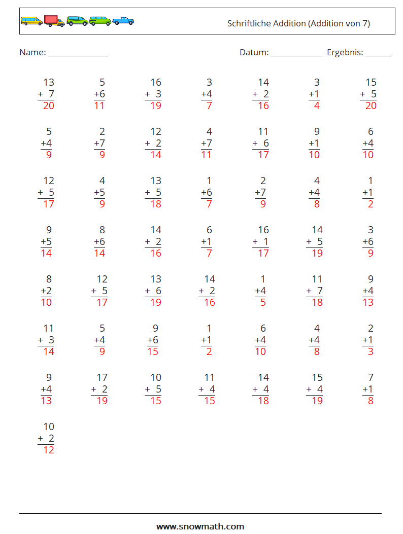 (50) Schriftliche Addition (Addition von 7) Mathe-Arbeitsblätter 8 Frage, Antwort