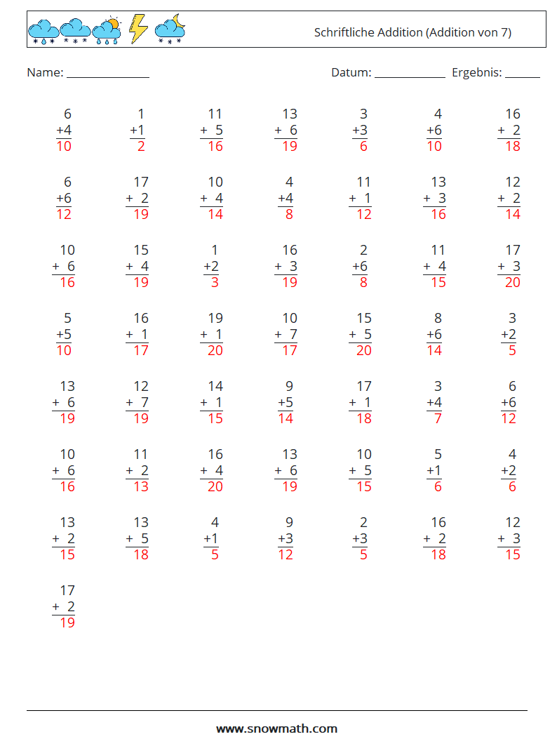 (50) Schriftliche Addition (Addition von 7) Mathe-Arbeitsblätter 9 Frage, Antwort