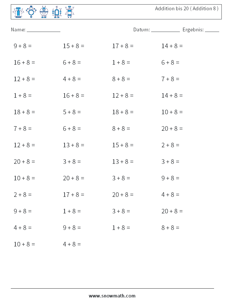 (50) Addition bis 20 ( Addition 8 ) Mathe-Arbeitsblätter 1