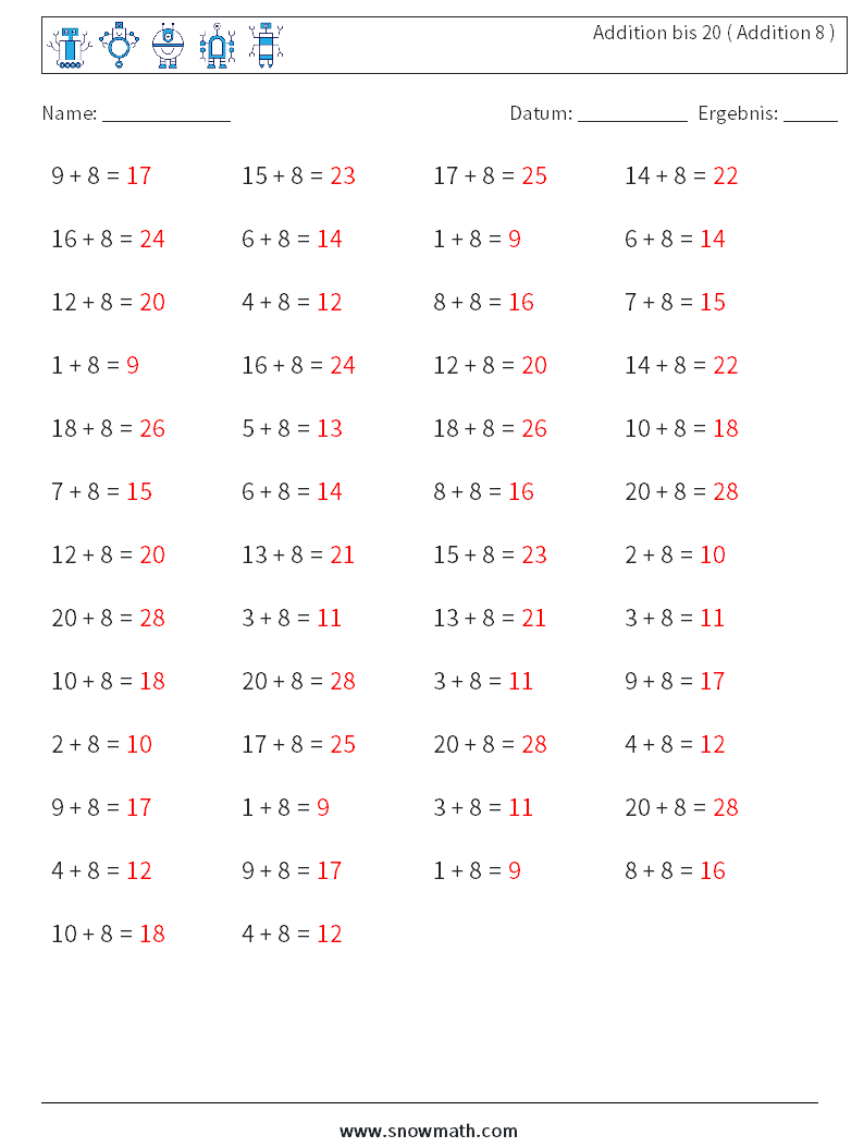 (50) Addition bis 20 ( Addition 8 ) Mathe-Arbeitsblätter 1 Frage, Antwort