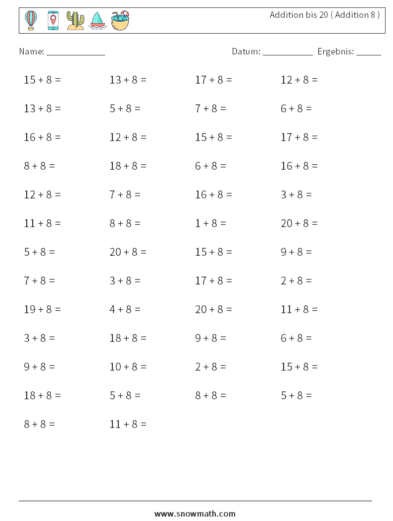 (50) Addition bis 20 ( Addition 8 ) Mathe-Arbeitsblätter 2