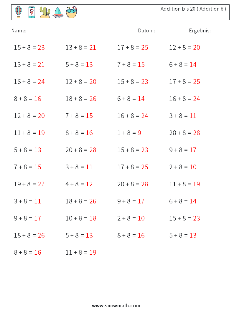 (50) Addition bis 20 ( Addition 8 ) Mathe-Arbeitsblätter 2 Frage, Antwort