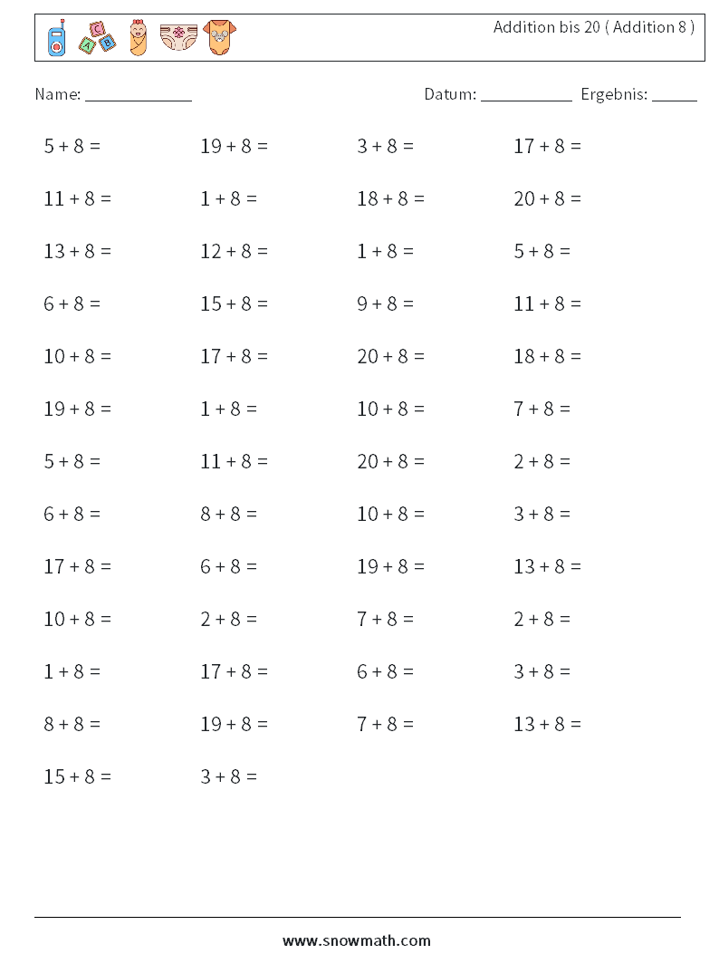 (50) Addition bis 20 ( Addition 8 ) Mathe-Arbeitsblätter 3