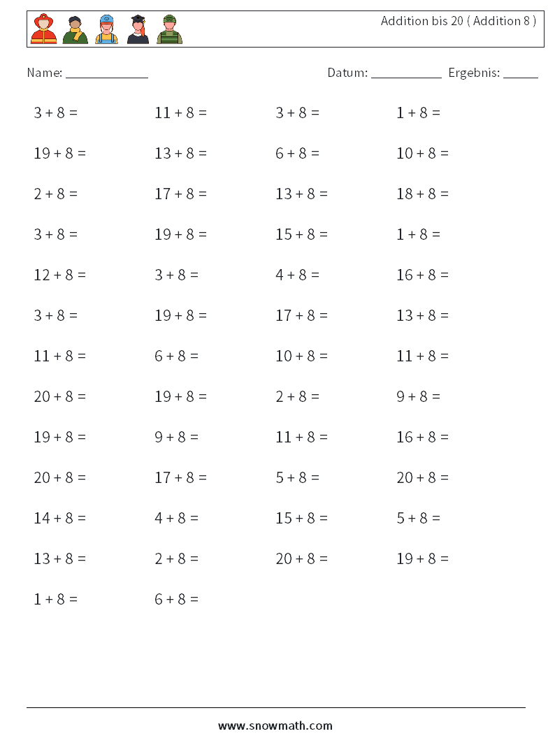 (50) Addition bis 20 ( Addition 8 ) Mathe-Arbeitsblätter 4