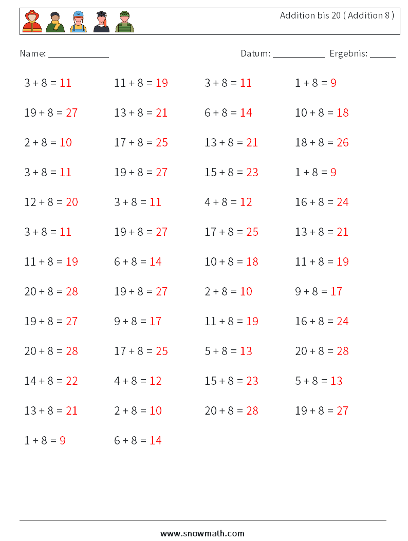 (50) Addition bis 20 ( Addition 8 ) Mathe-Arbeitsblätter 4 Frage, Antwort