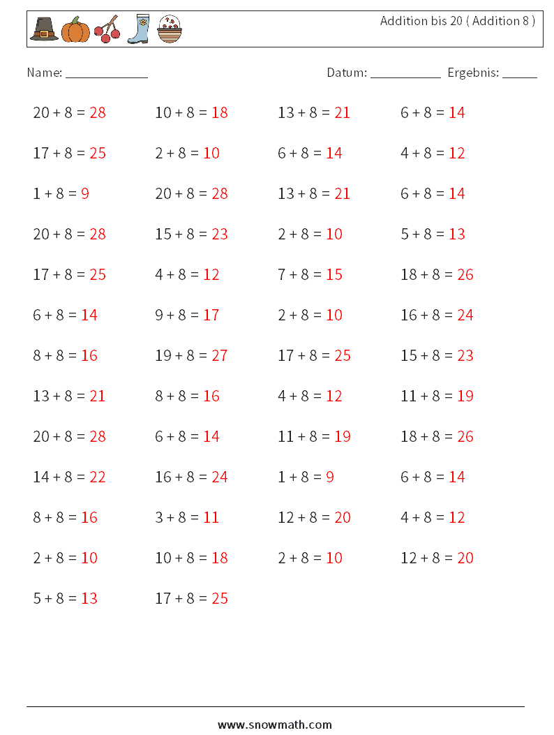 (50) Addition bis 20 ( Addition 8 ) Mathe-Arbeitsblätter 5 Frage, Antwort