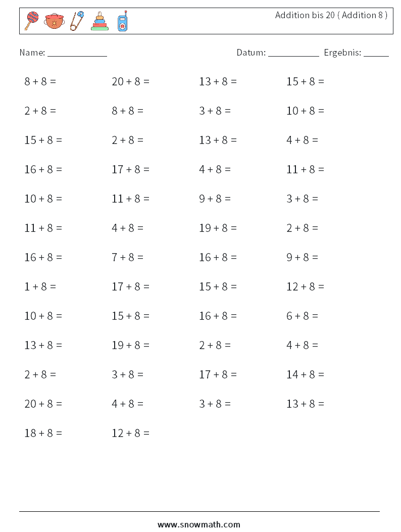 (50) Addition bis 20 ( Addition 8 ) Mathe-Arbeitsblätter 6