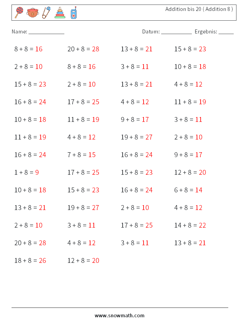 (50) Addition bis 20 ( Addition 8 ) Mathe-Arbeitsblätter 6 Frage, Antwort