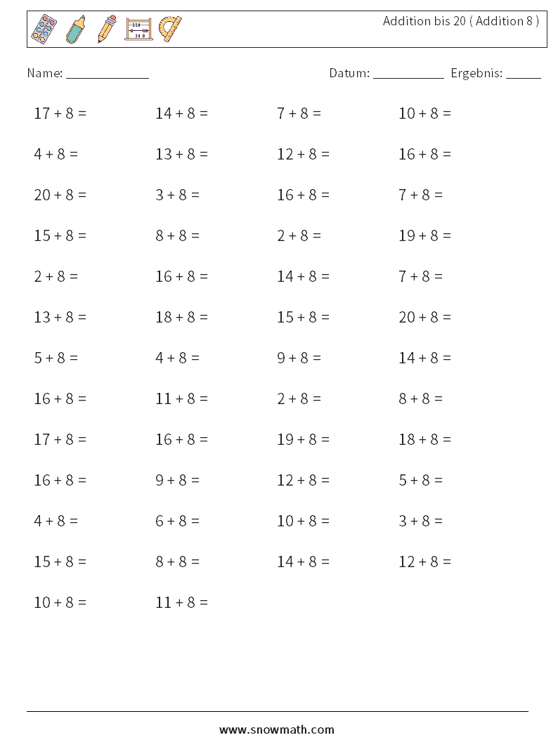 (50) Addition bis 20 ( Addition 8 ) Mathe-Arbeitsblätter 7