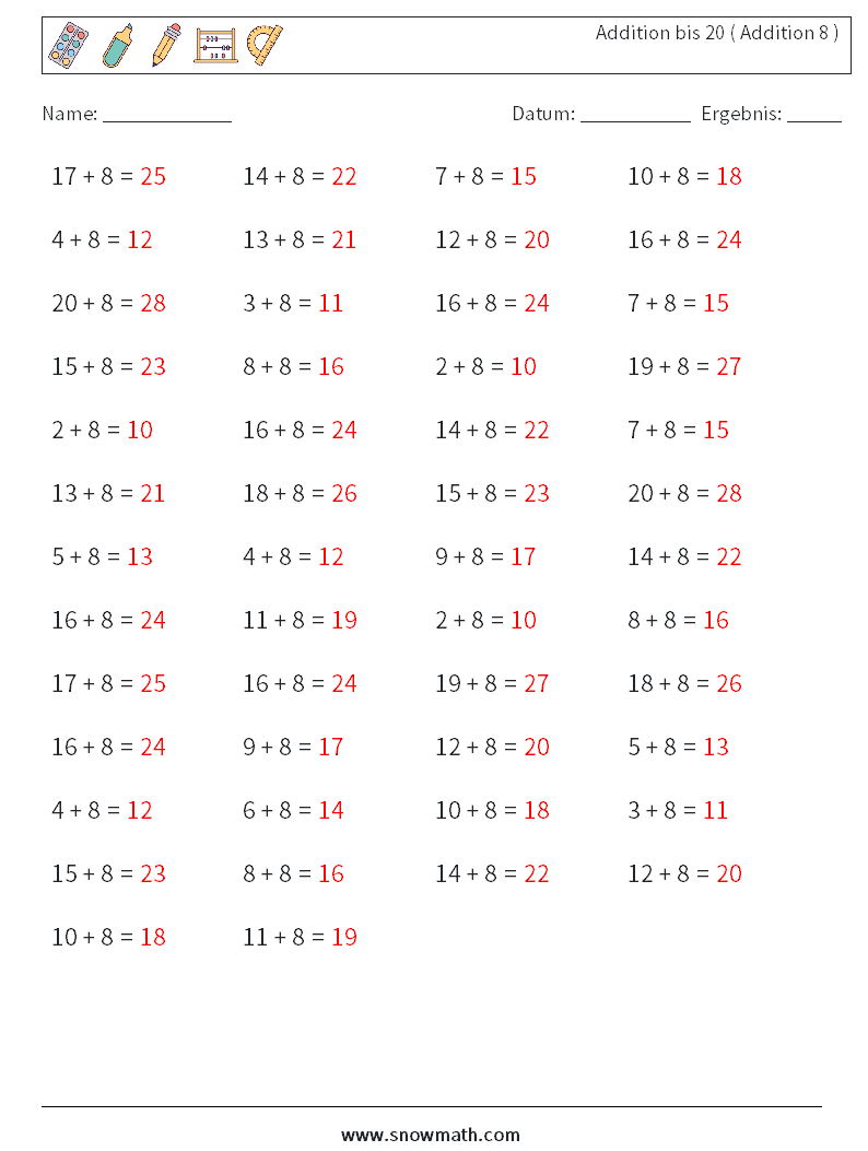(50) Addition bis 20 ( Addition 8 ) Mathe-Arbeitsblätter 7 Frage, Antwort