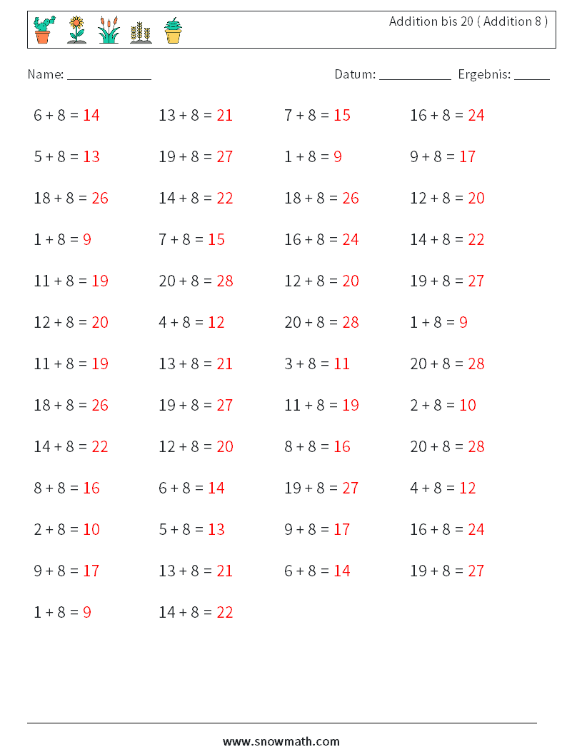 (50) Addition bis 20 ( Addition 8 ) Mathe-Arbeitsblätter 8 Frage, Antwort