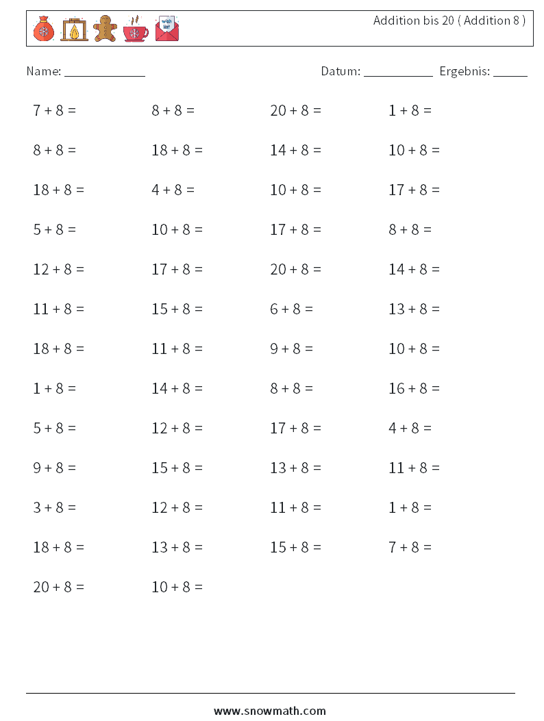 (50) Addition bis 20 ( Addition 8 ) Mathe-Arbeitsblätter 9