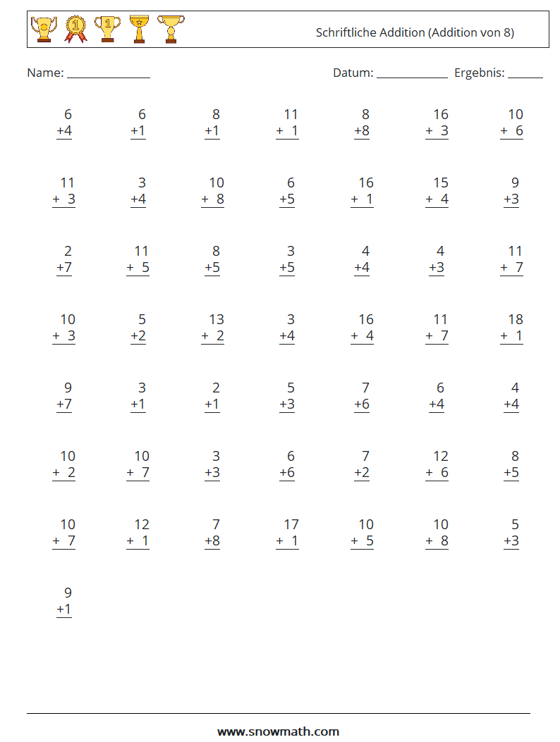 (50) Schriftliche Addition (Addition von 8)