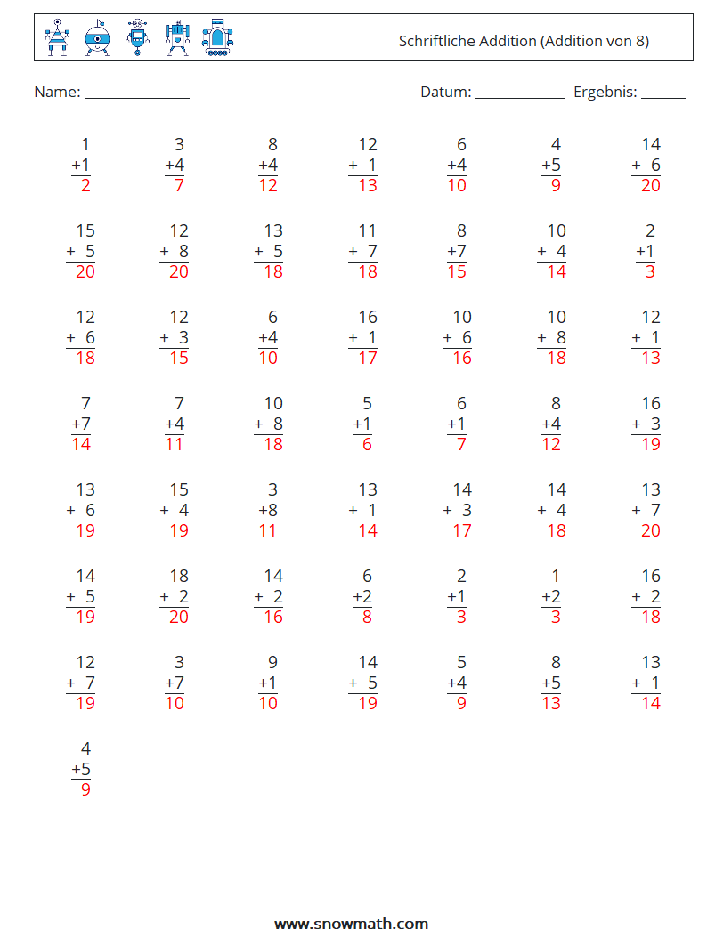 (50) Schriftliche Addition (Addition von 8) Mathe-Arbeitsblätter 11 Frage, Antwort