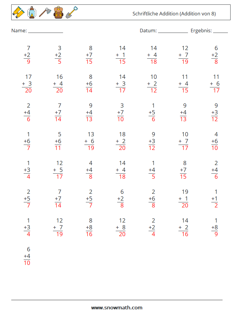 (50) Schriftliche Addition (Addition von 8) Mathe-Arbeitsblätter 14 Frage, Antwort