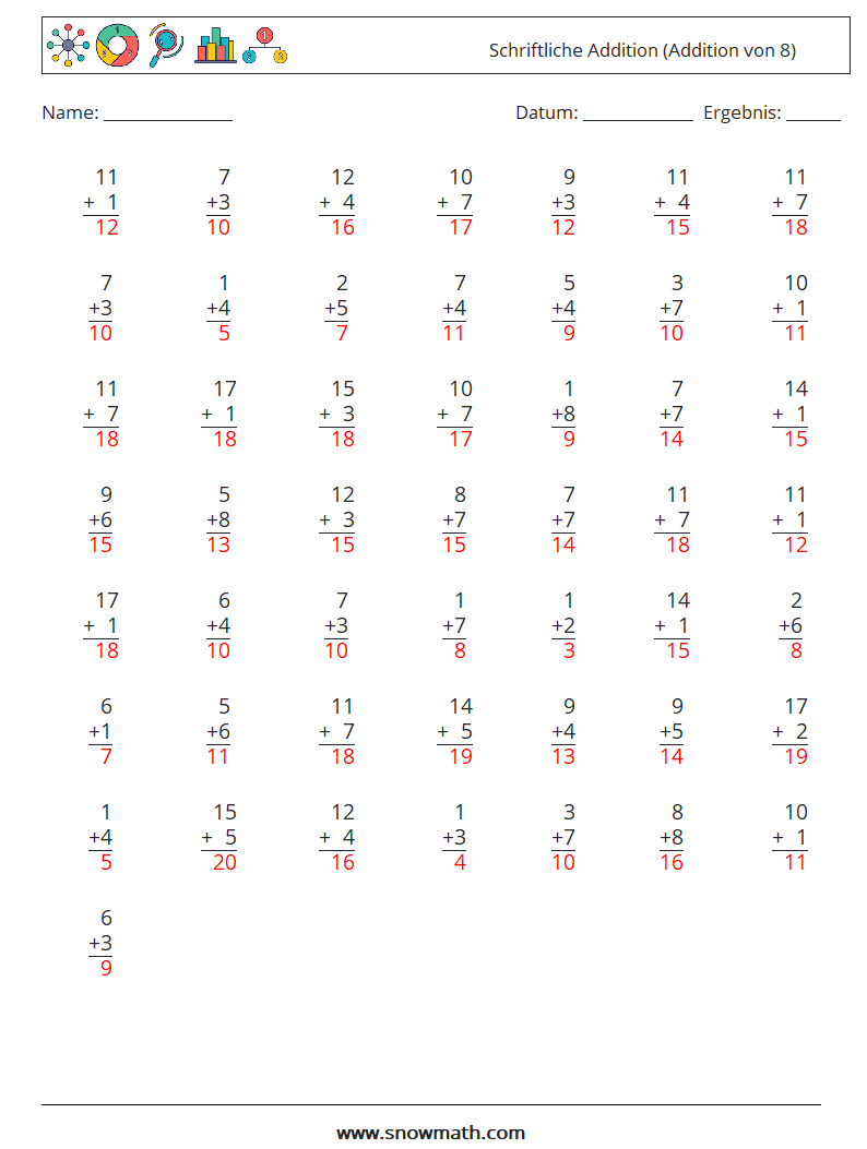 (50) Schriftliche Addition (Addition von 8) Mathe-Arbeitsblätter 15 Frage, Antwort