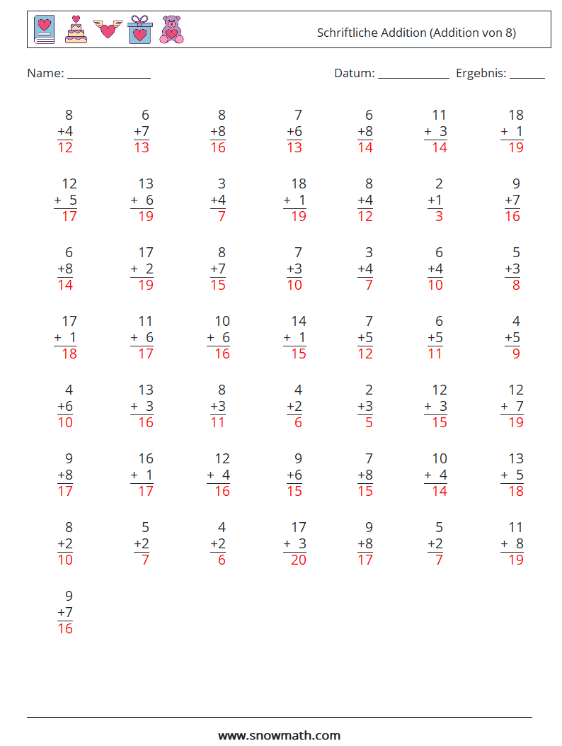 (50) Schriftliche Addition (Addition von 8) Mathe-Arbeitsblätter 16 Frage, Antwort