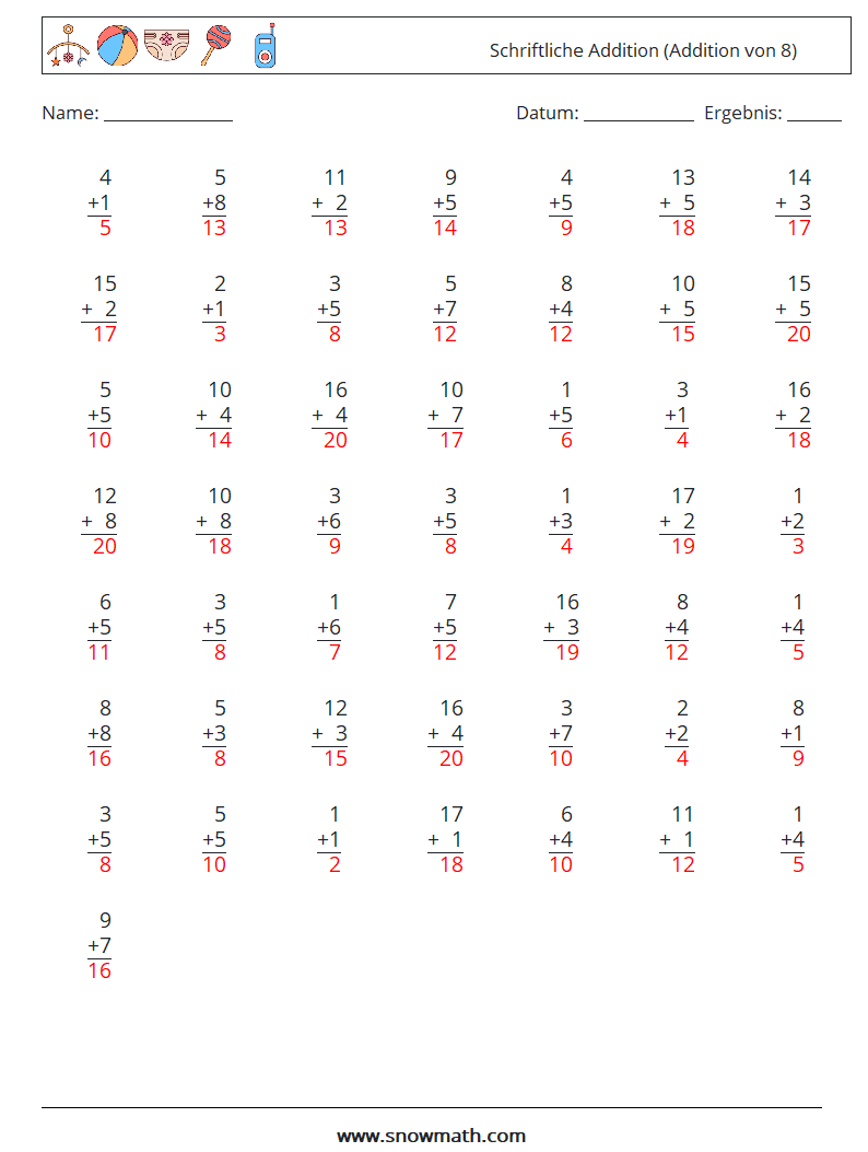 (50) Schriftliche Addition (Addition von 8) Mathe-Arbeitsblätter 17 Frage, Antwort