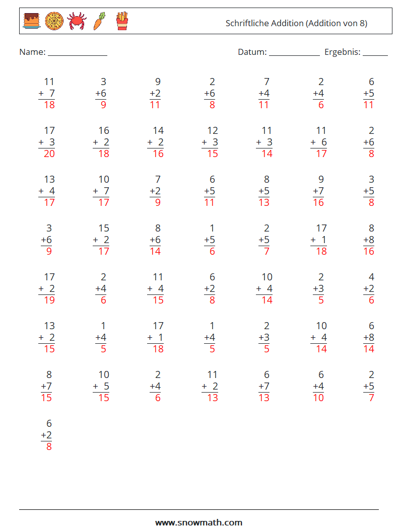 (50) Schriftliche Addition (Addition von 8) Mathe-Arbeitsblätter 18 Frage, Antwort
