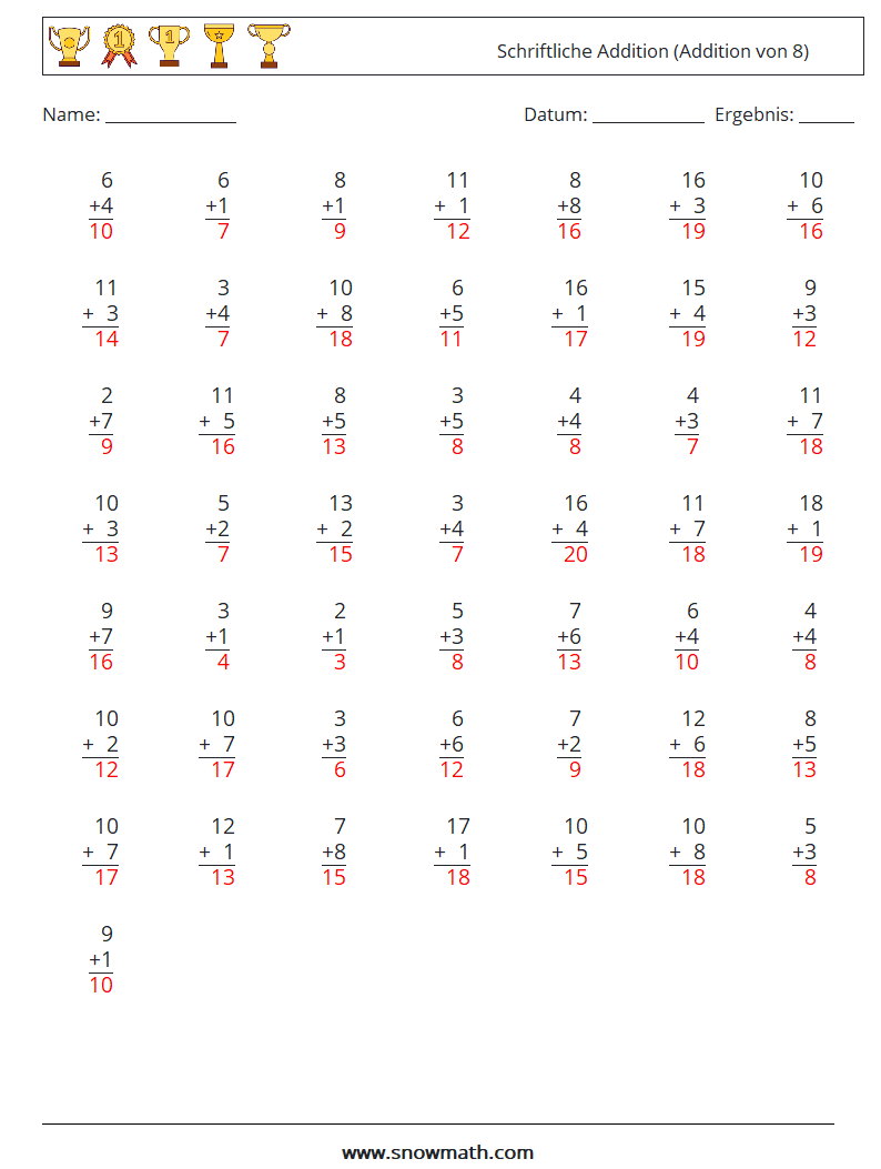 (50) Schriftliche Addition (Addition von 8) Mathe-Arbeitsblätter 1 Frage, Antwort