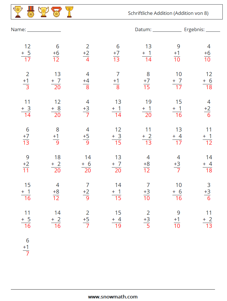 (50) Schriftliche Addition (Addition von 8) Mathe-Arbeitsblätter 4 Frage, Antwort