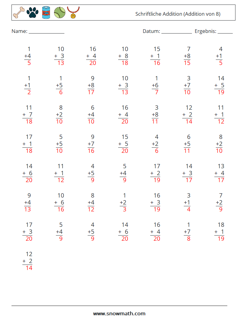 (50) Schriftliche Addition (Addition von 8) Mathe-Arbeitsblätter 5 Frage, Antwort