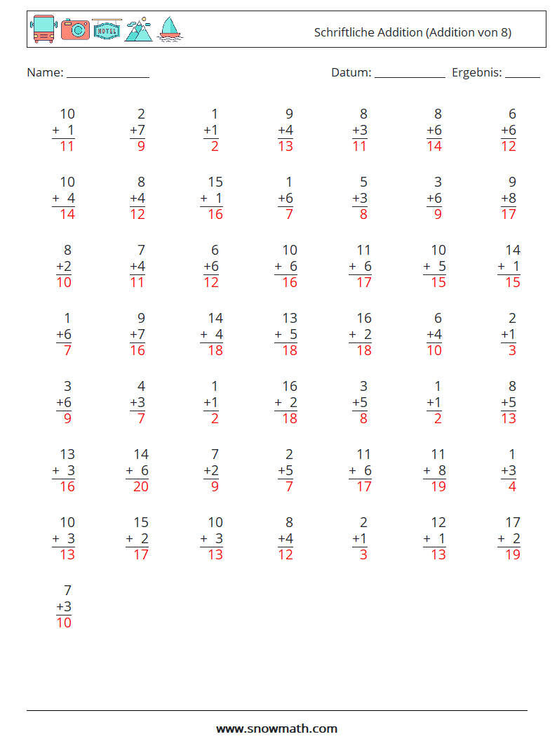 (50) Schriftliche Addition (Addition von 8) Mathe-Arbeitsblätter 6 Frage, Antwort