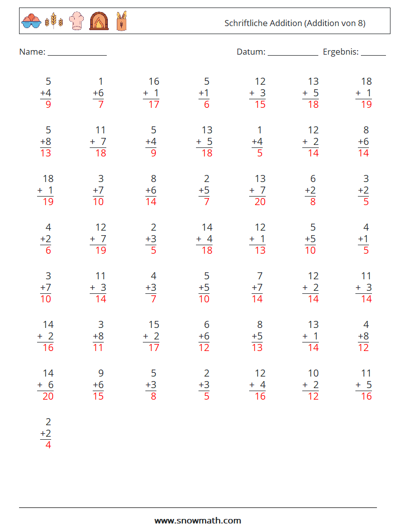 (50) Schriftliche Addition (Addition von 8) Mathe-Arbeitsblätter 7 Frage, Antwort