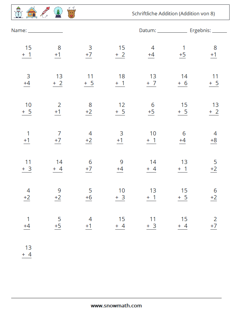 (50) Schriftliche Addition (Addition von 8) Mathe-Arbeitsblätter 8