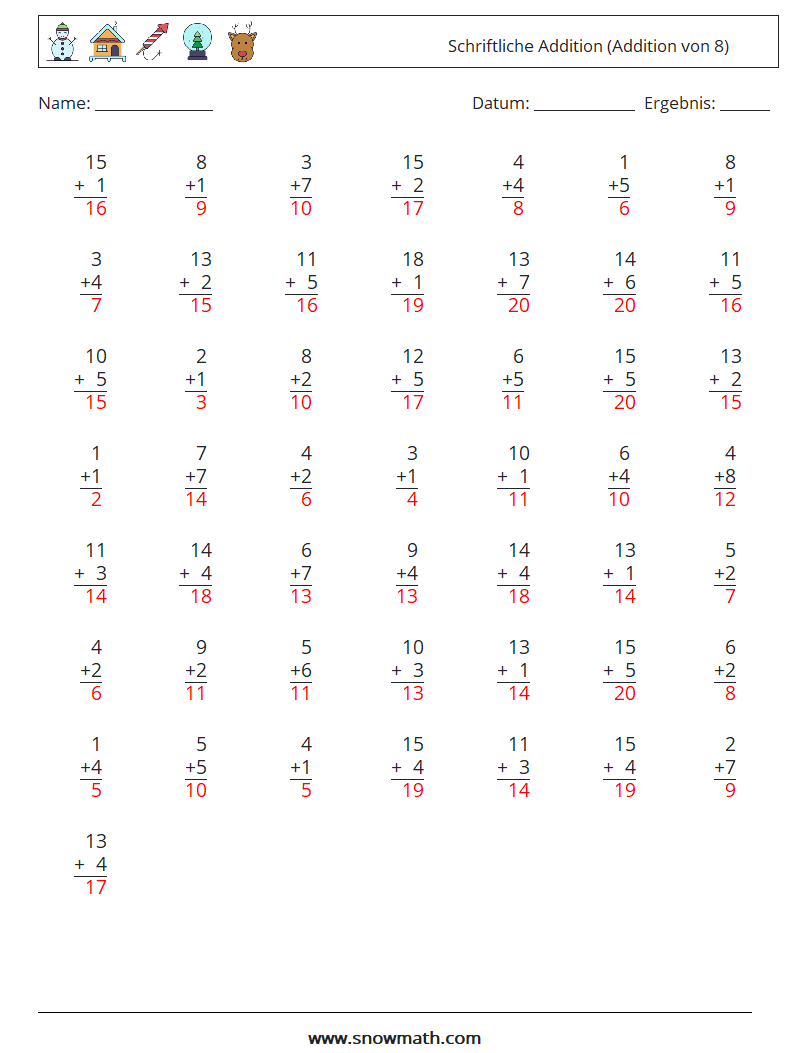 (50) Schriftliche Addition (Addition von 8) Mathe-Arbeitsblätter 8 Frage, Antwort