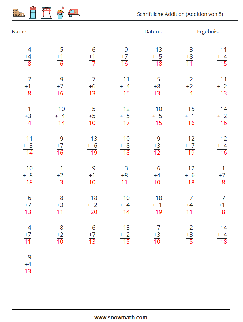 (50) Schriftliche Addition (Addition von 8) Mathe-Arbeitsblätter 9 Frage, Antwort