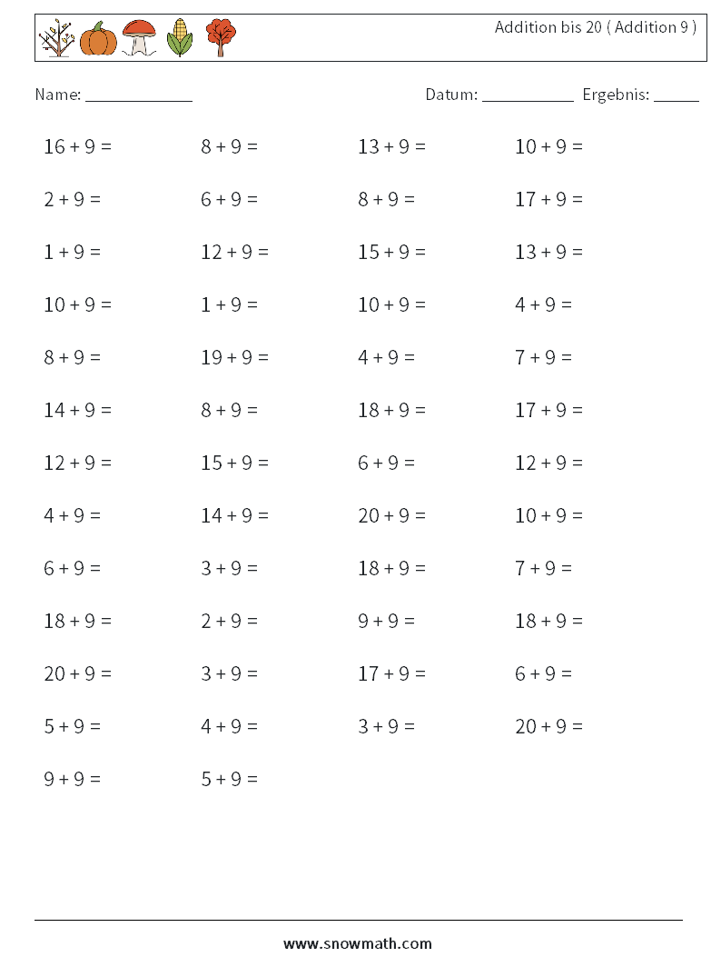 (50) Addition bis 20 ( Addition 9 ) Mathe-Arbeitsblätter 1